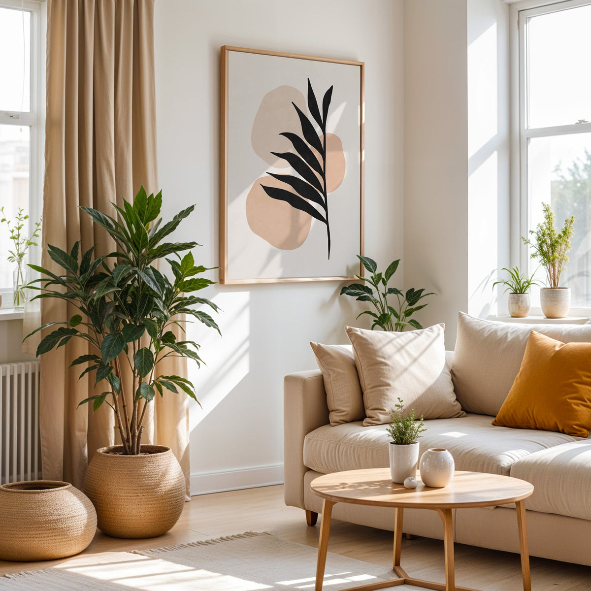 Black leaf over peach blobs boho print in an oak frame above a cream sofa beside a tall plant in a woven pot