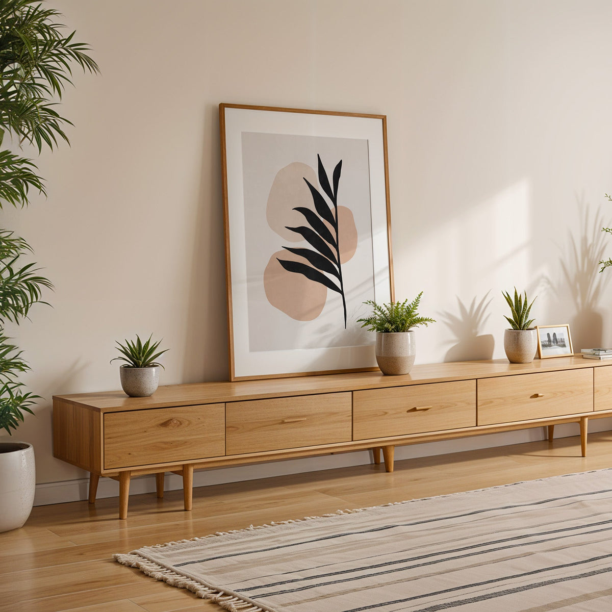 Black leaf over peach blobs boho print shown with a white mat in an oak frame on a low oak console