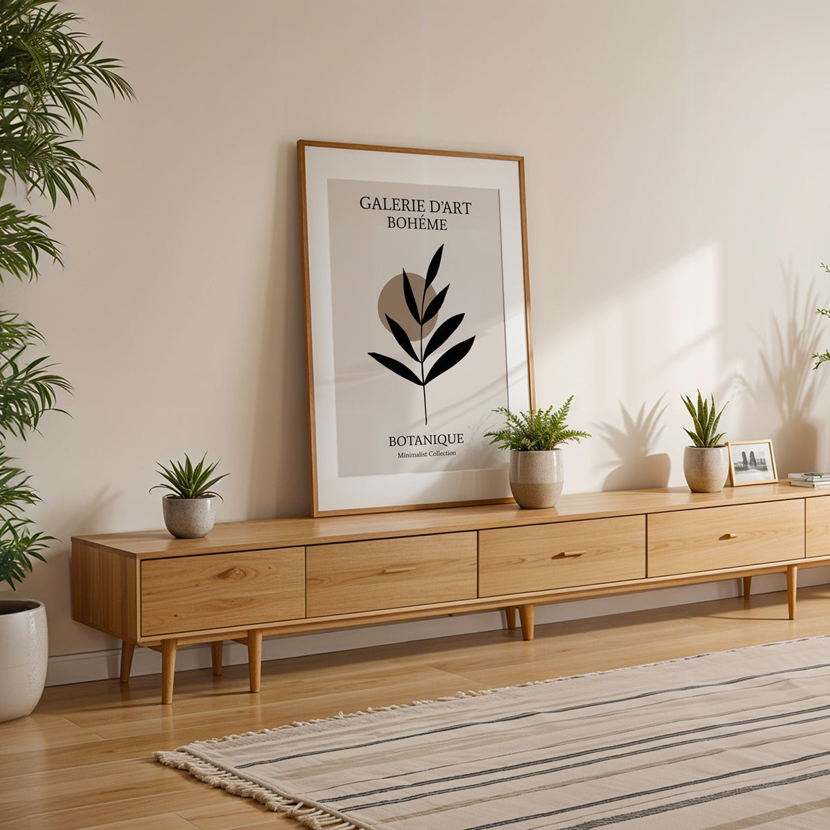 Black leaf sprig and taupe circle boho print shown with a white mat in an oak frame on a low oak console