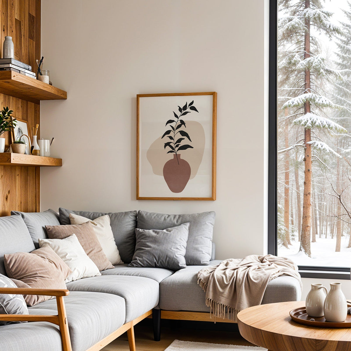 Black leaves in rosewood vase boho print in an oak frame above a grey sectional sofa by a snowy forest window