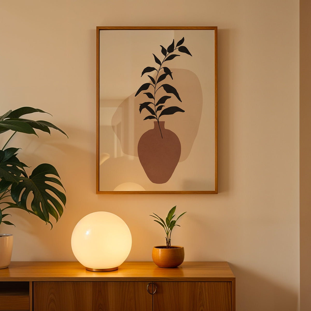 Black leaves in rosewood vase boho print in an oak frame above a teak cabinet with a globe lamp and monstera