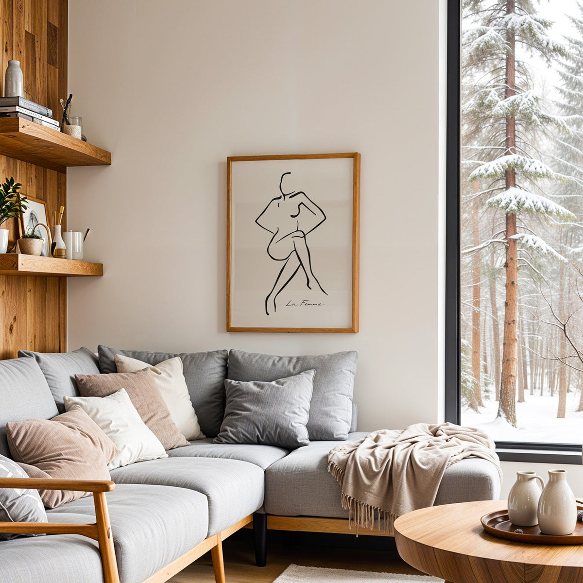 Black line art female figure minimalist print in an oak frame above a grey sectional sofa by a snowy forest window