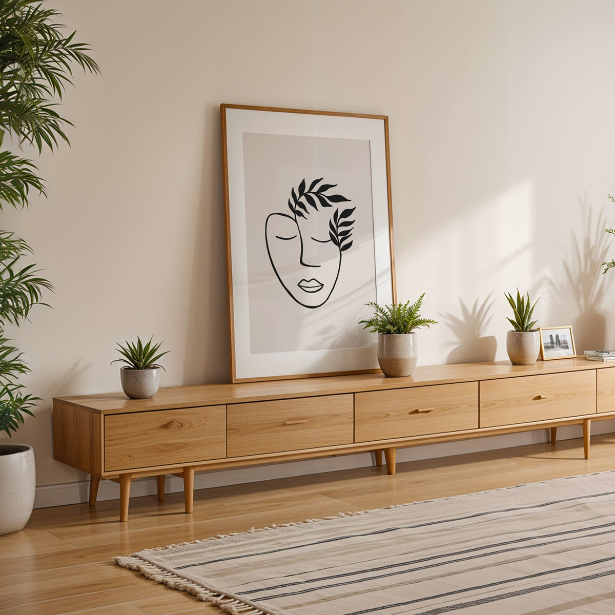 Black line face with leaf crown minimalist print shown with a white mat in an oak frame on a low oak console