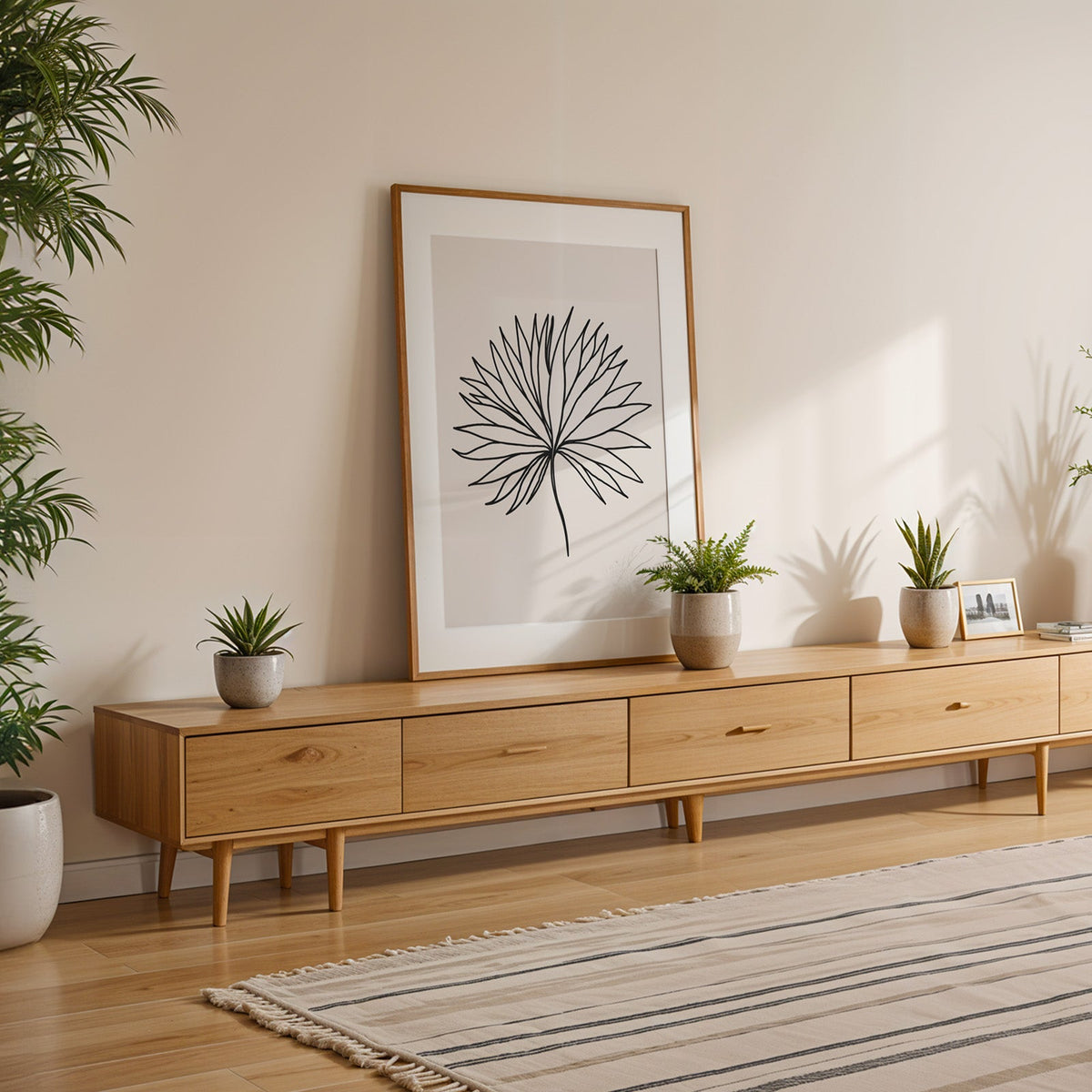 Black line fan leaf minimalist print shown with a white mat in an oak frame on a low oak console
