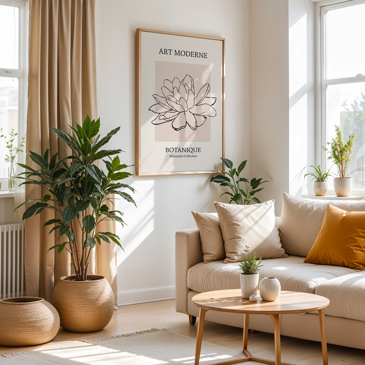 Black line flower on blush panel botanical print in an oak frame above a cream sofa beside a tall plant in a woven pot