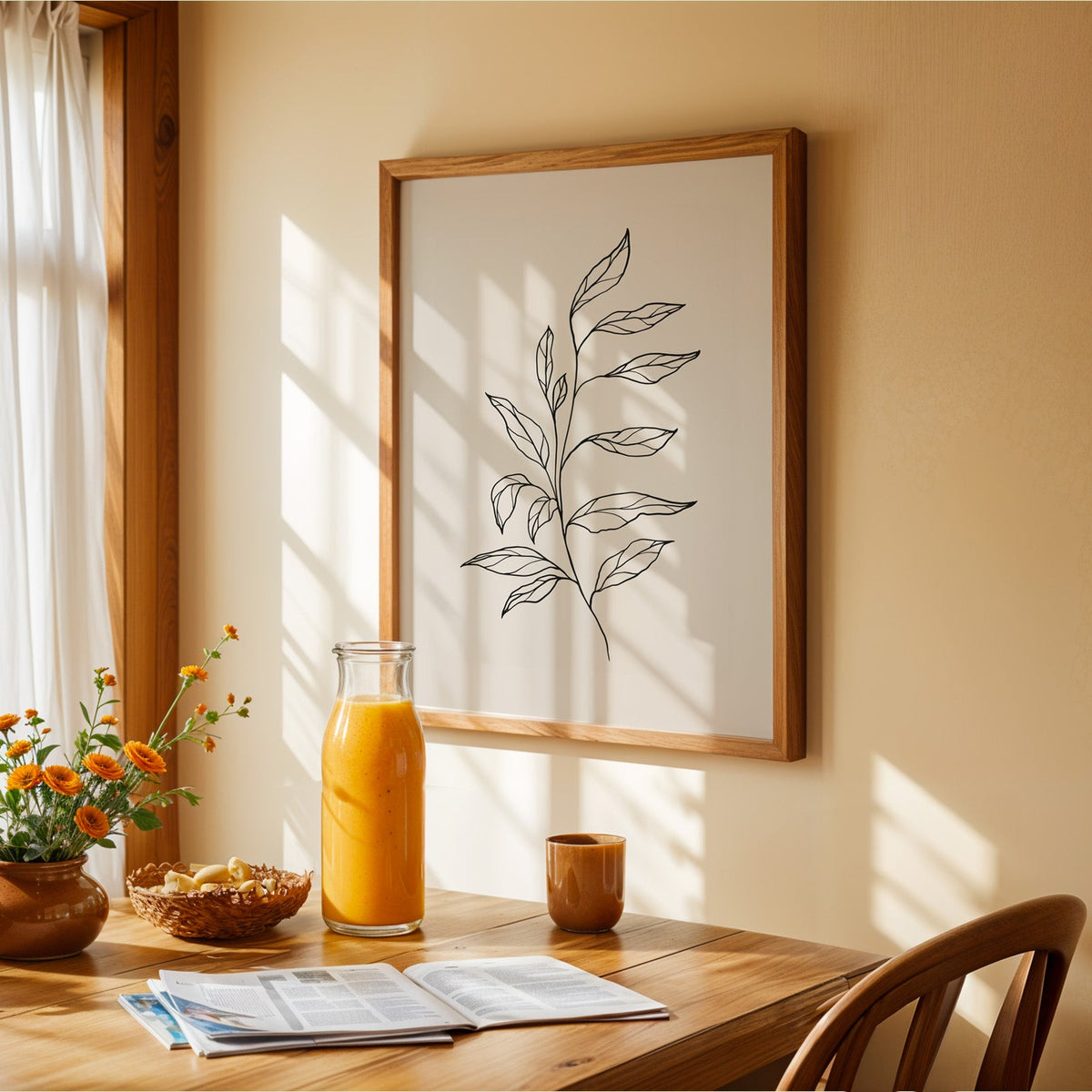 Black line leafy branch botanical line art print in a walnut frame above a sunny breakfast table with orange flowers