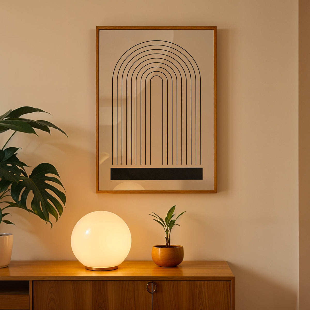 Black line rainbow arch minimalist print in an oak frame above a teak cabinet with a globe lamp and monstera