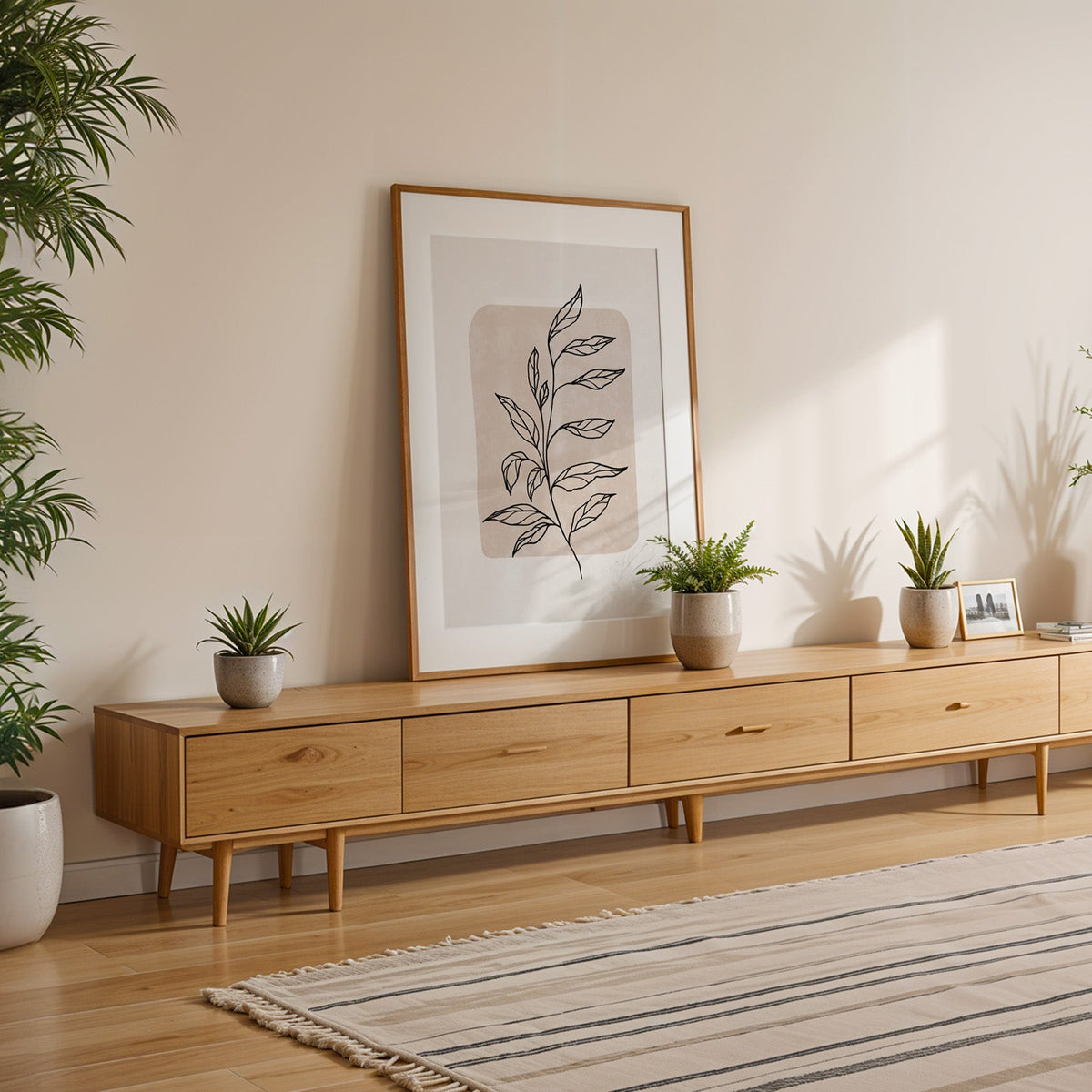 Black line veined sprig on beige botanical print shown with a white mat in an oak frame on a low oak console