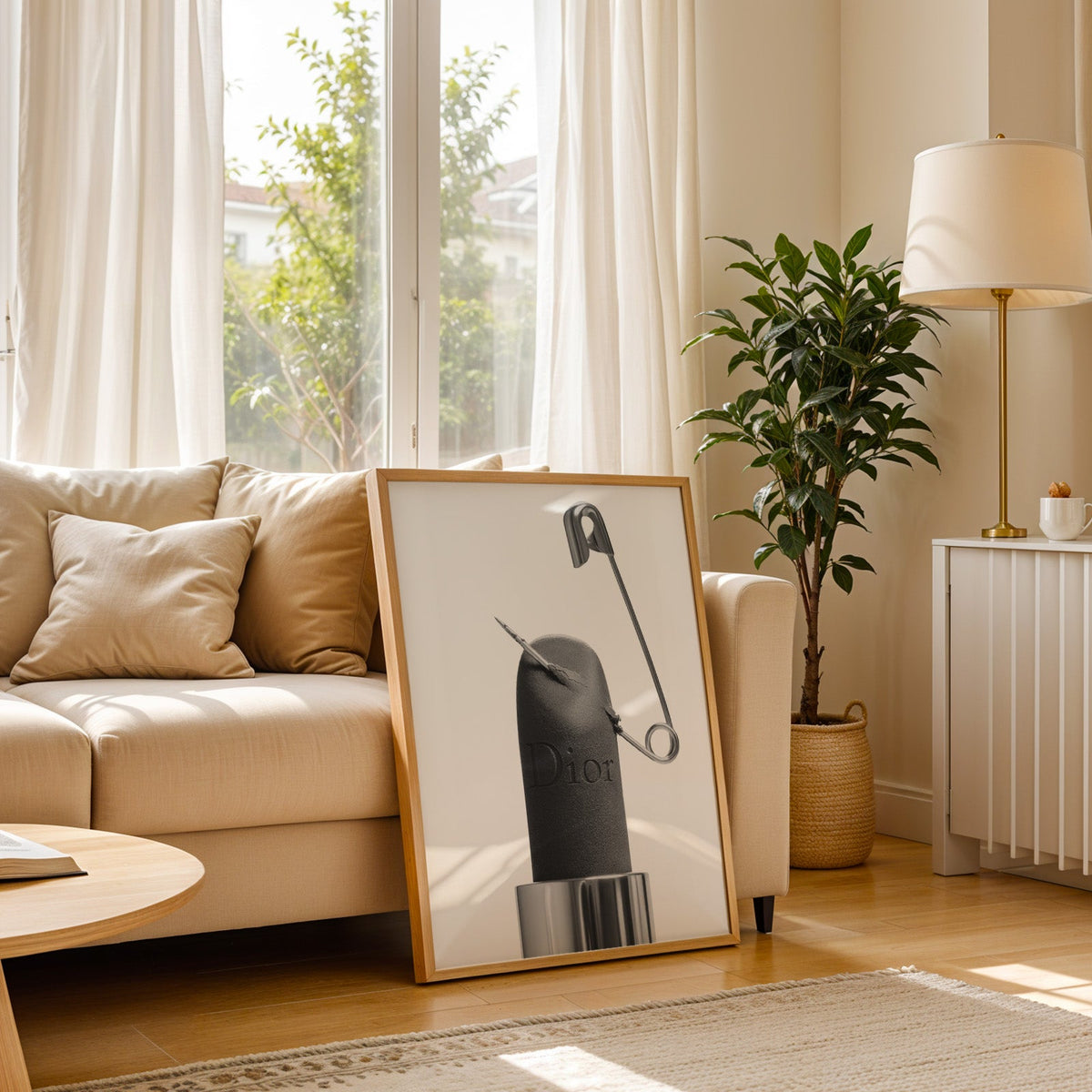 Matte black lipstick pierced by safety pin print in a light oak frame leaning on a cream sofa beside a floor lamp
