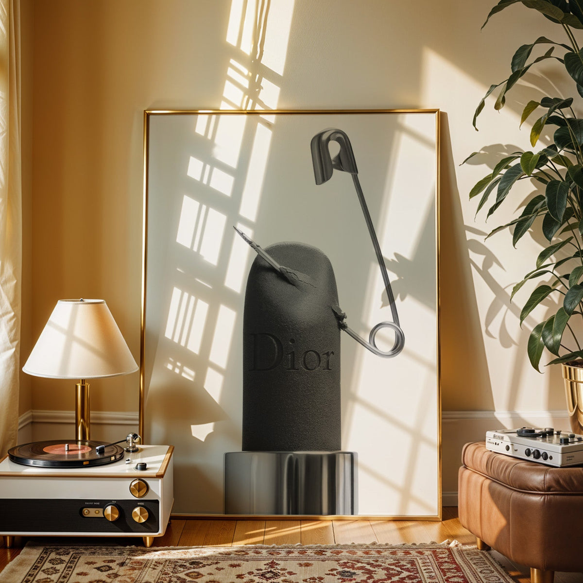 Matte black lipstick pierced by safety pin print shown in a gold frame beside a record player and table lamp