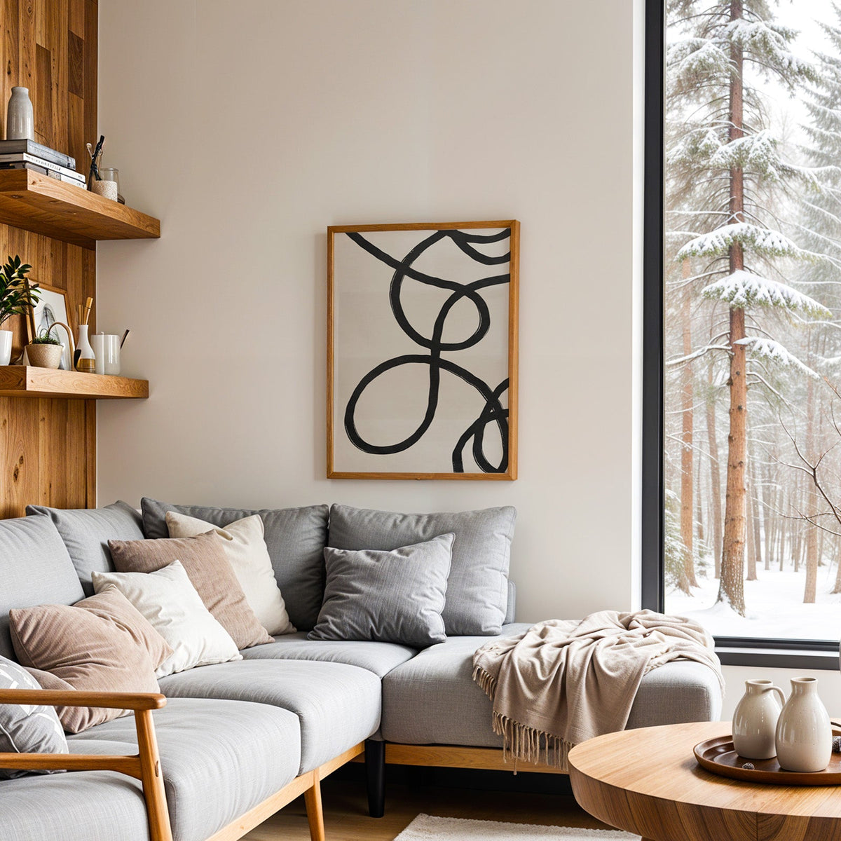 Black looping brushstroke lines minimalist print in an oak frame above a grey sectional sofa by a snowy forest window