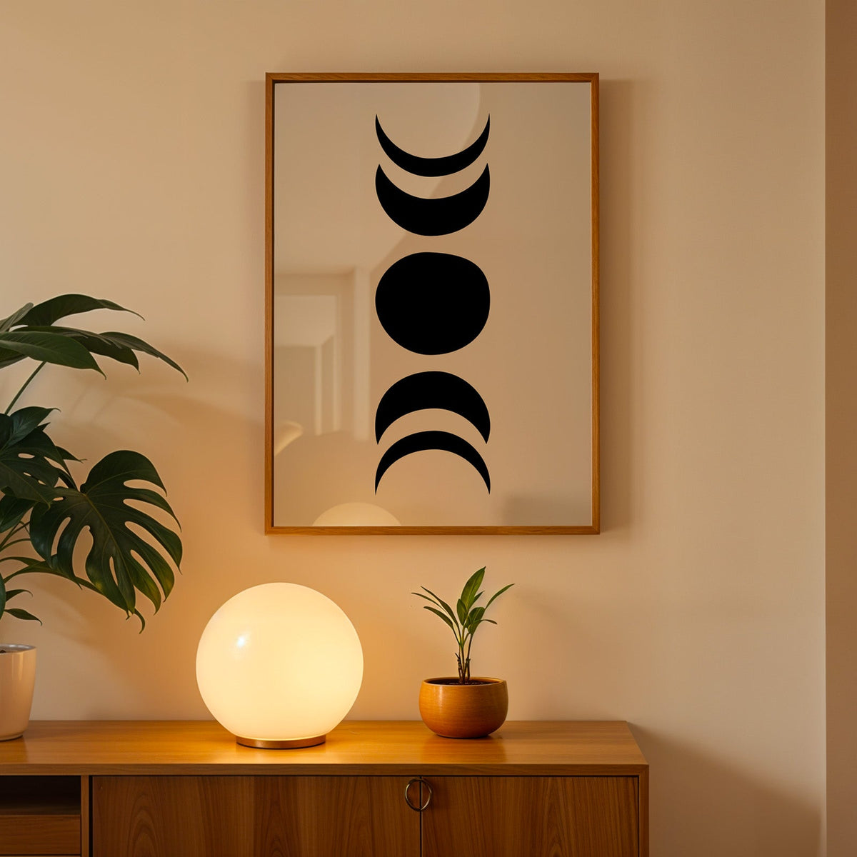 Black organic moon phases minimalist print in an oak frame above a teak cabinet with a globe lamp and monstera