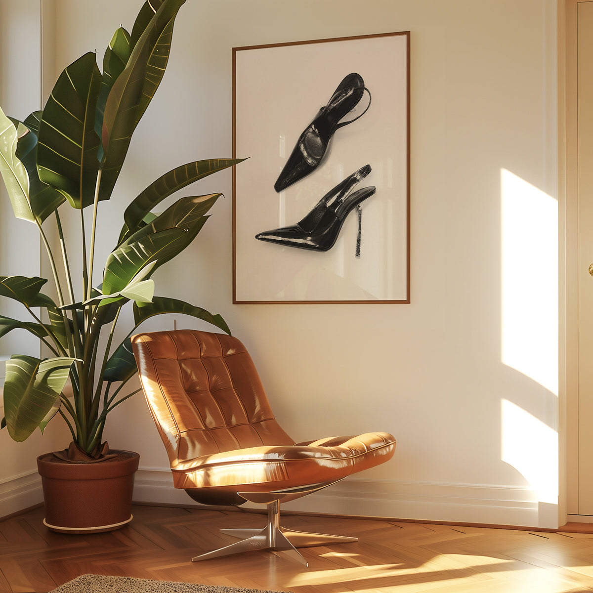 Black patent slingbacks with silver heels print in a walnut frame above a leather lounge chair
