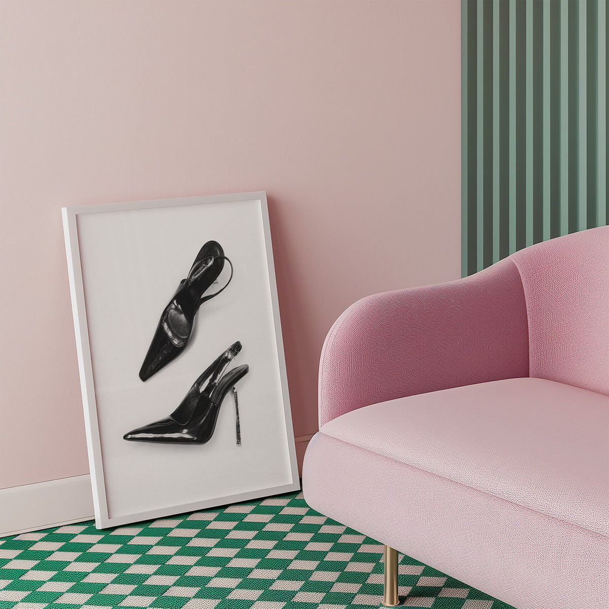 Black patent slingbacks with silver heels print in a white frame beside a pink armchair on a checkered floor