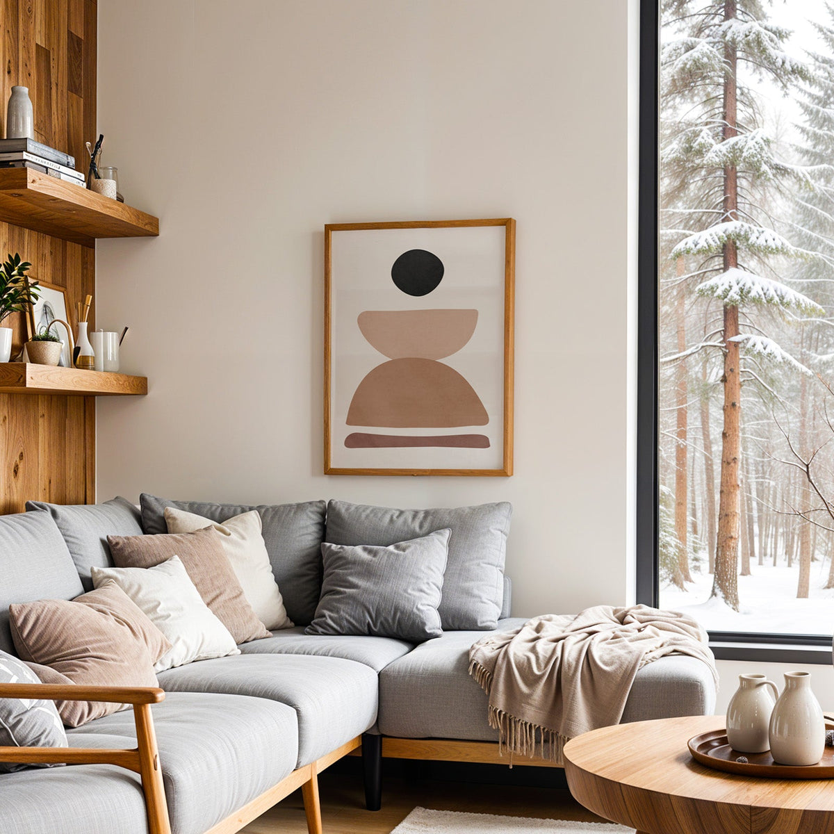 Black pebble and stacked stones mid century print in an oak frame above a grey sectional sofa by a snowy forest window