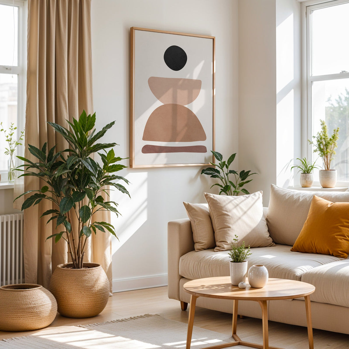 Black pebble and stacked stones mid century print in an oak frame above a cream sofa beside a tall plant in a woven pot