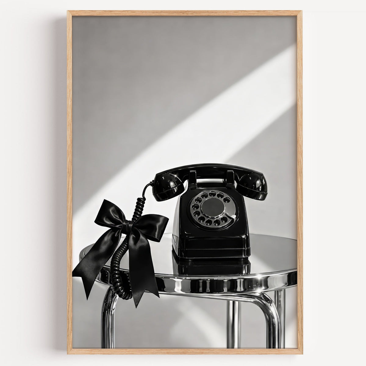 Black rotary phone with satin bow on chrome table print in a light oak frame on a plain white wall