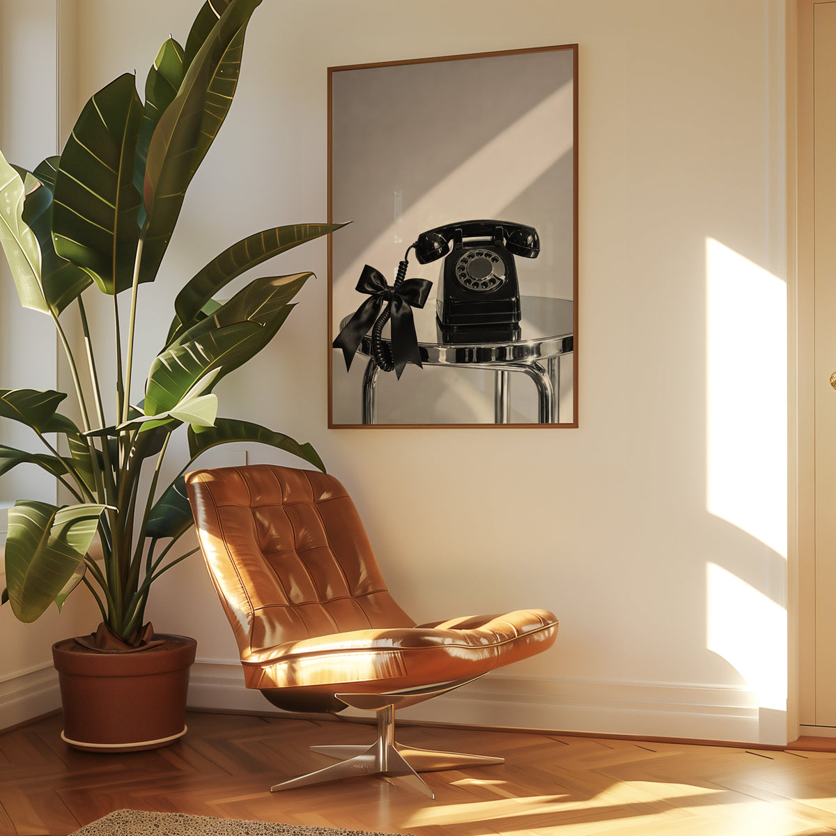 Black rotary phone with satin bow on chrome table print in a walnut frame above a leather lounge chair