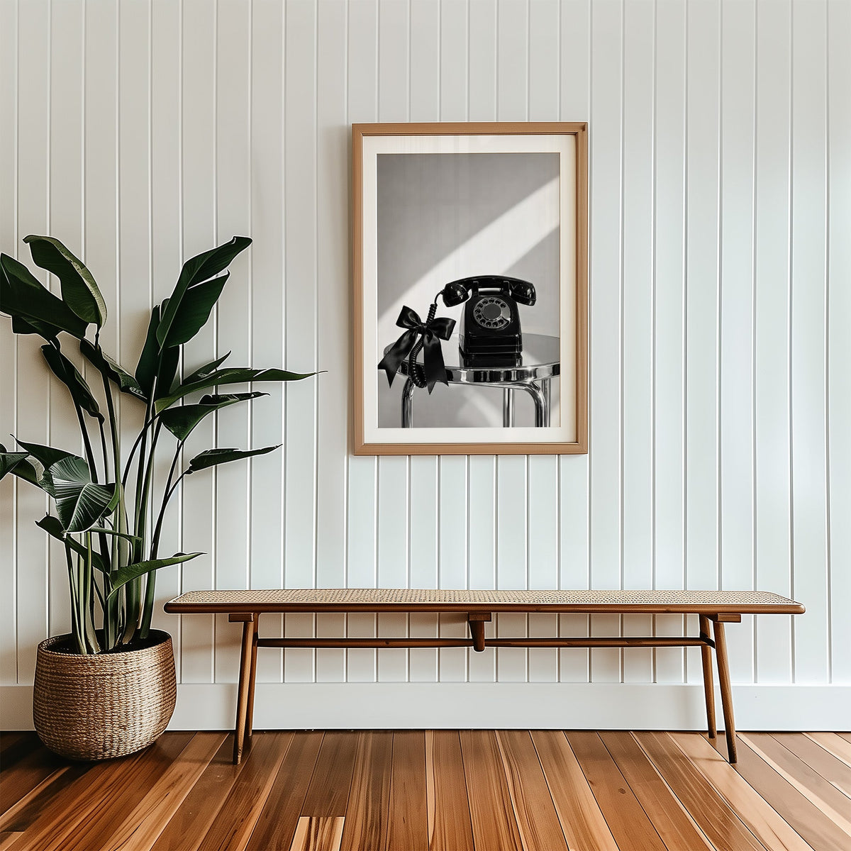 Black rotary phone with satin bow on chrome table print in a wood frame with a white mat above a cane bench