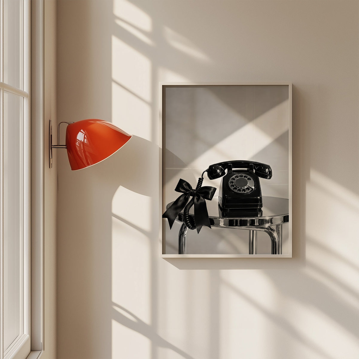 Black rotary phone with satin bow on chrome table print in a white frame on a sunlit wall beside a red sconce