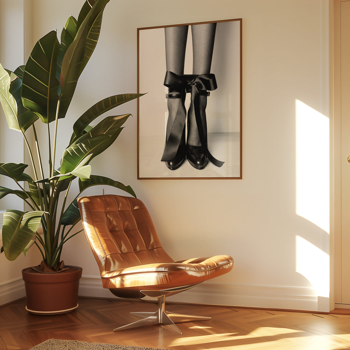 Heels with black satin bows tied at the ankle print in a walnut frame above a leather lounge chair