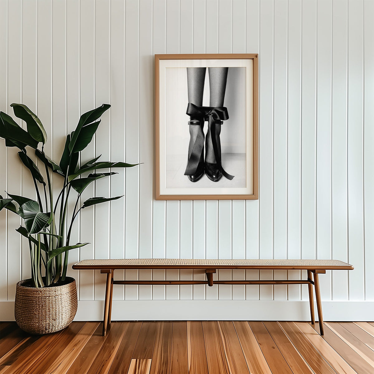 Heels with black satin bows tied at the ankle print in a wood frame with a white mat above a cane bench