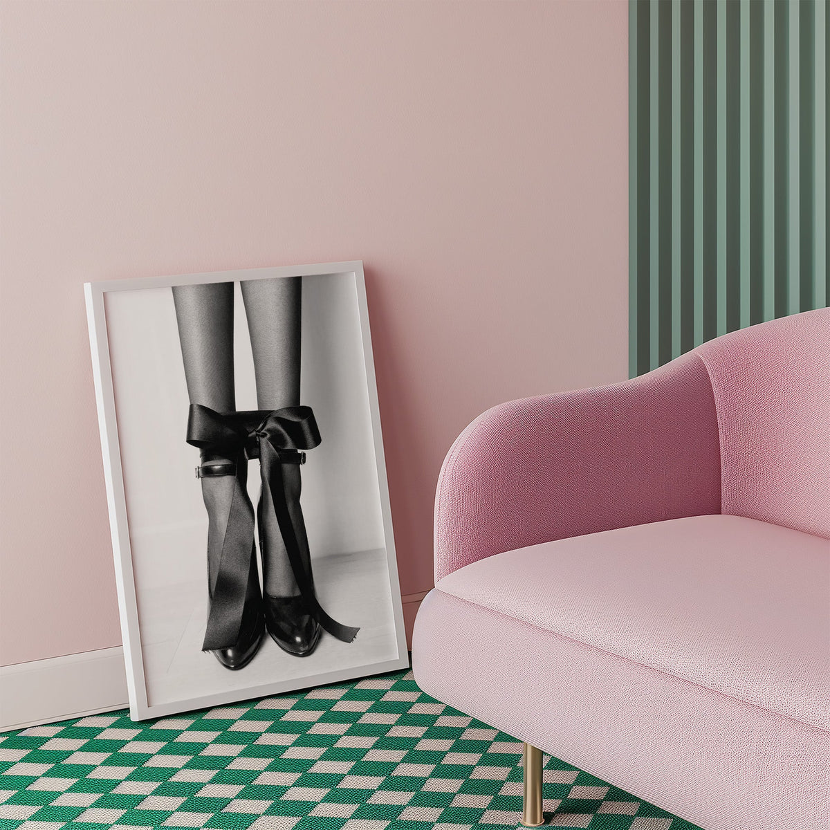 Heels with black satin bows tied at the ankle print in a white frame beside a pink armchair on a checkered floor