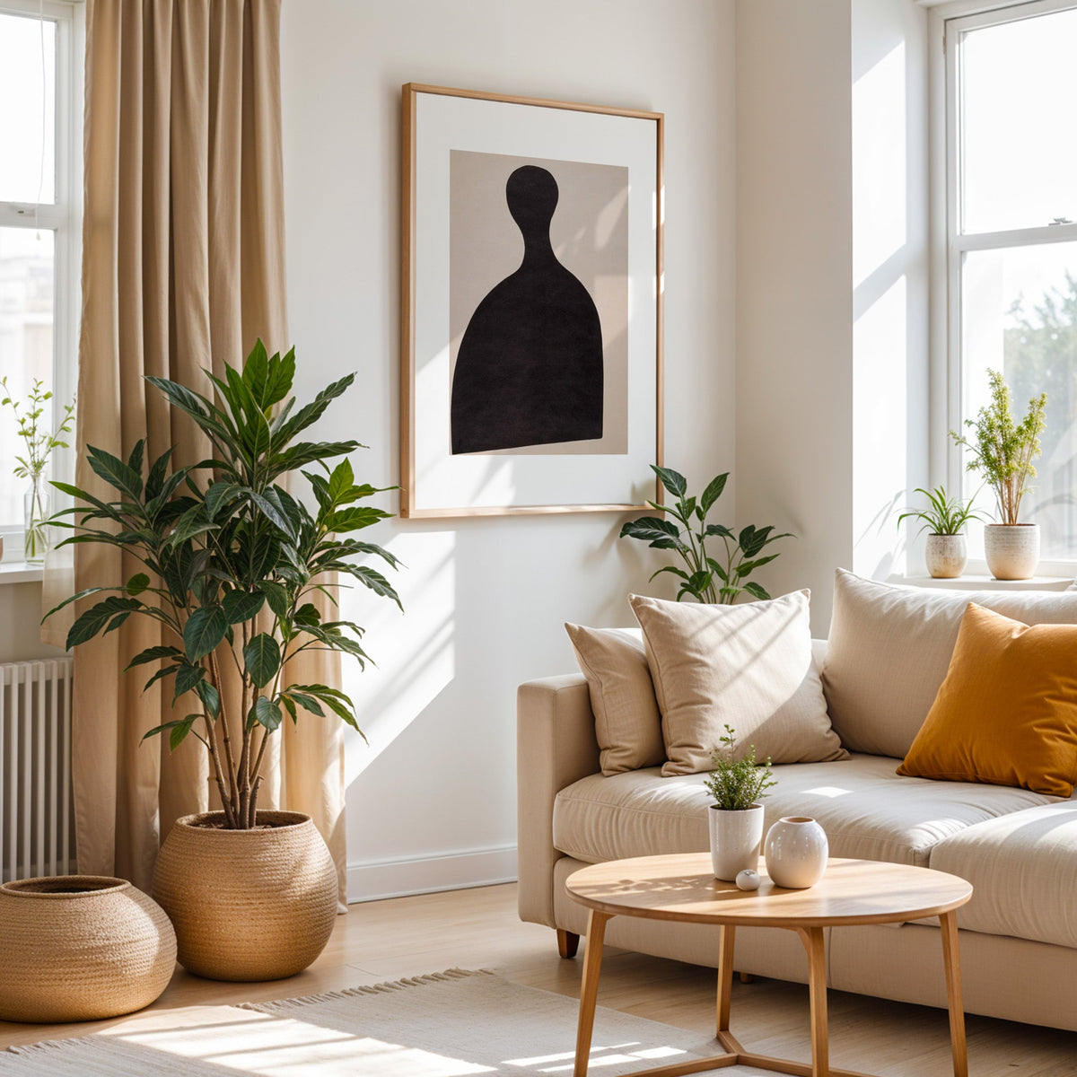 Black silhouette bust on blush panel print in an oak frame above a cream sofa beside a tall plant in a woven pot