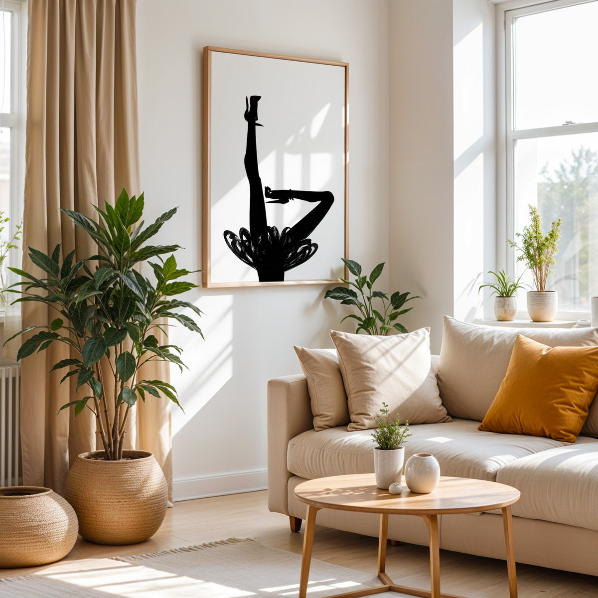 Black silhouette legs in heels with brushstroke skirt print in an oak frame above a cream sofa beside woven planters