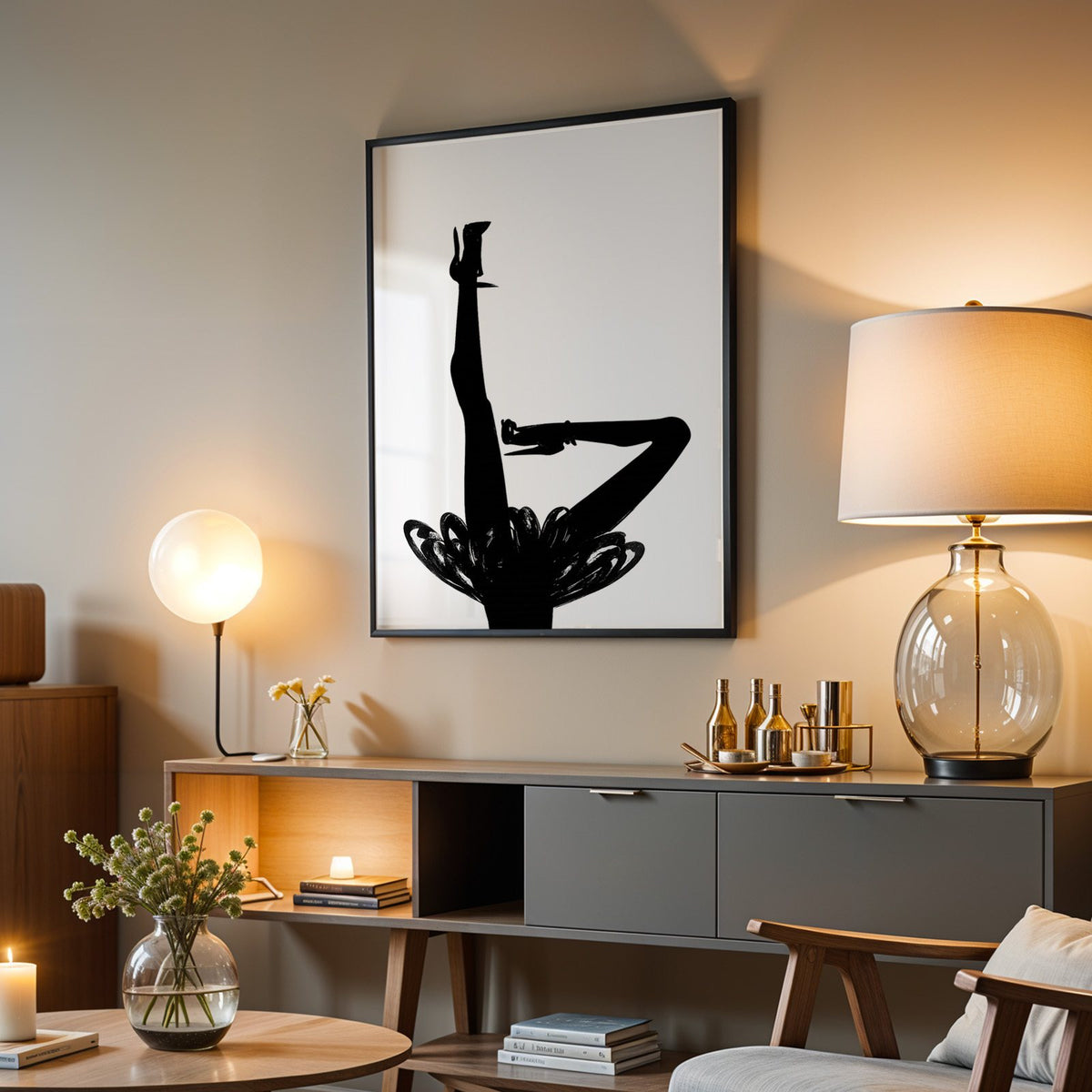 Black silhouette legs in heels with brushstroke skirt print in a black frame above a grey media console with a glass table lamp