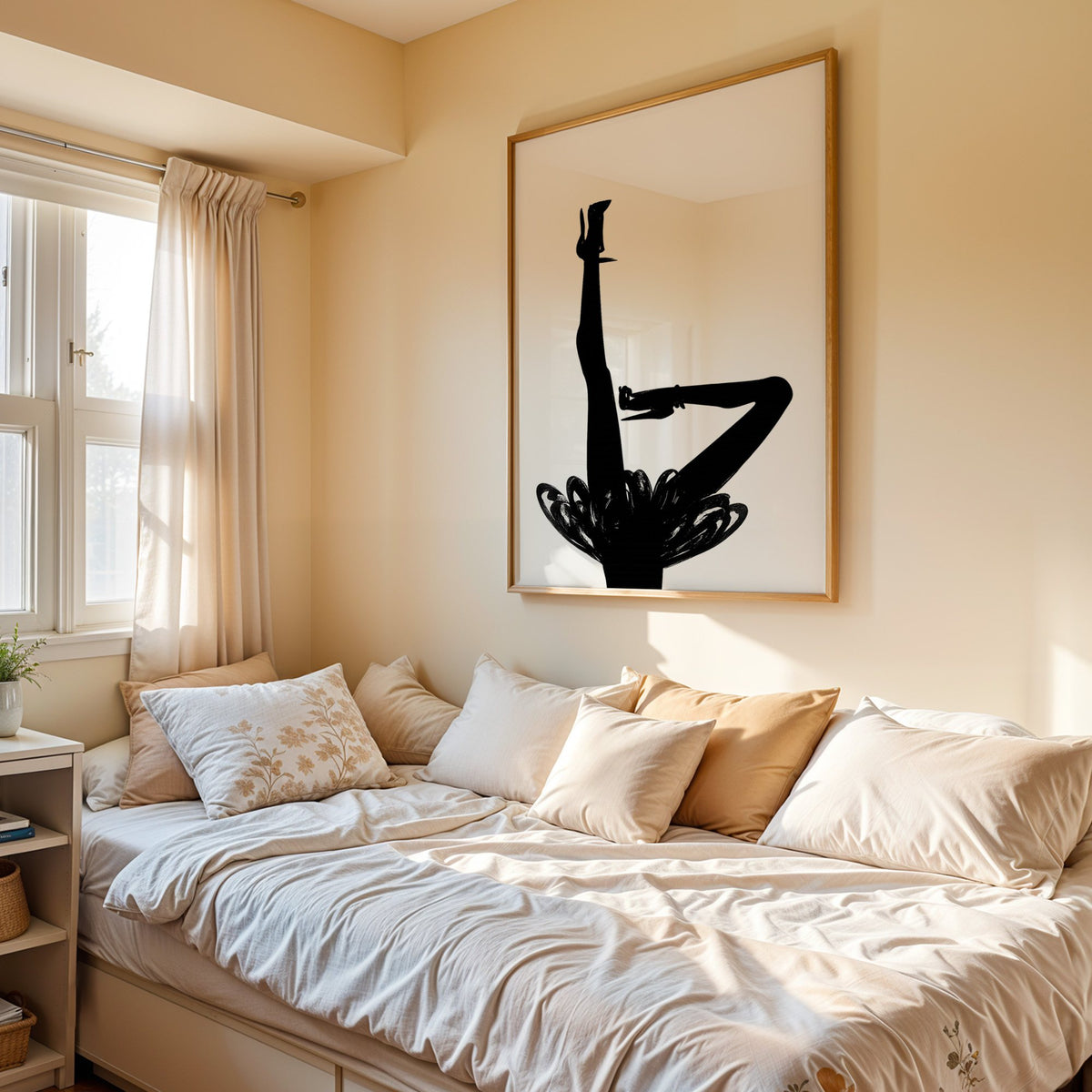 Black silhouette legs in heels with brushstroke skirt print in an oak frame above a cream daybed in a sunny bedroom