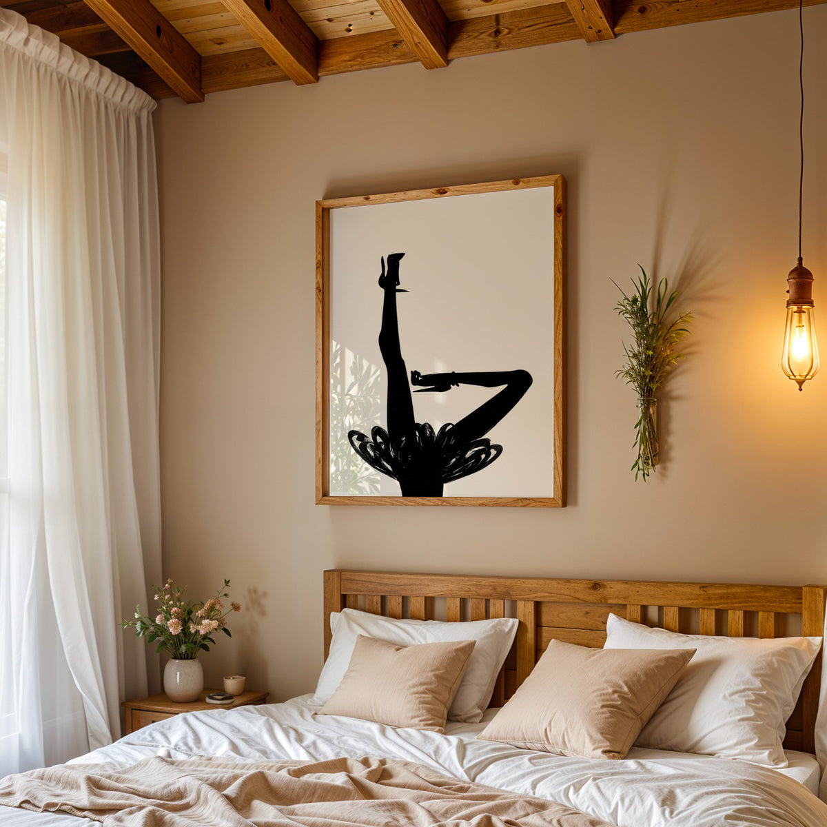 Black silhouette legs in heels with brushstroke skirt print in a pine frame above a wood headboard bed under a pendant bulb