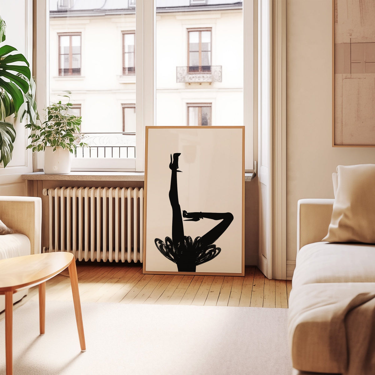 Black silhouette legs in heels with brushstroke skirt print in an oak frame leaning by a French window in a living room
