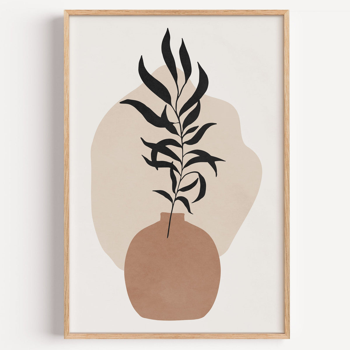 Black slender leaves in round vase boho print in a light oak frame on a plain white wall