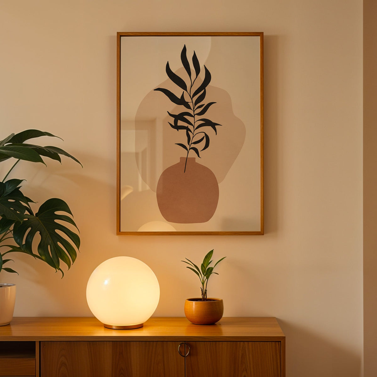 Black slender leaves in round vase boho print in an oak frame above a teak cabinet with a globe lamp and monstera