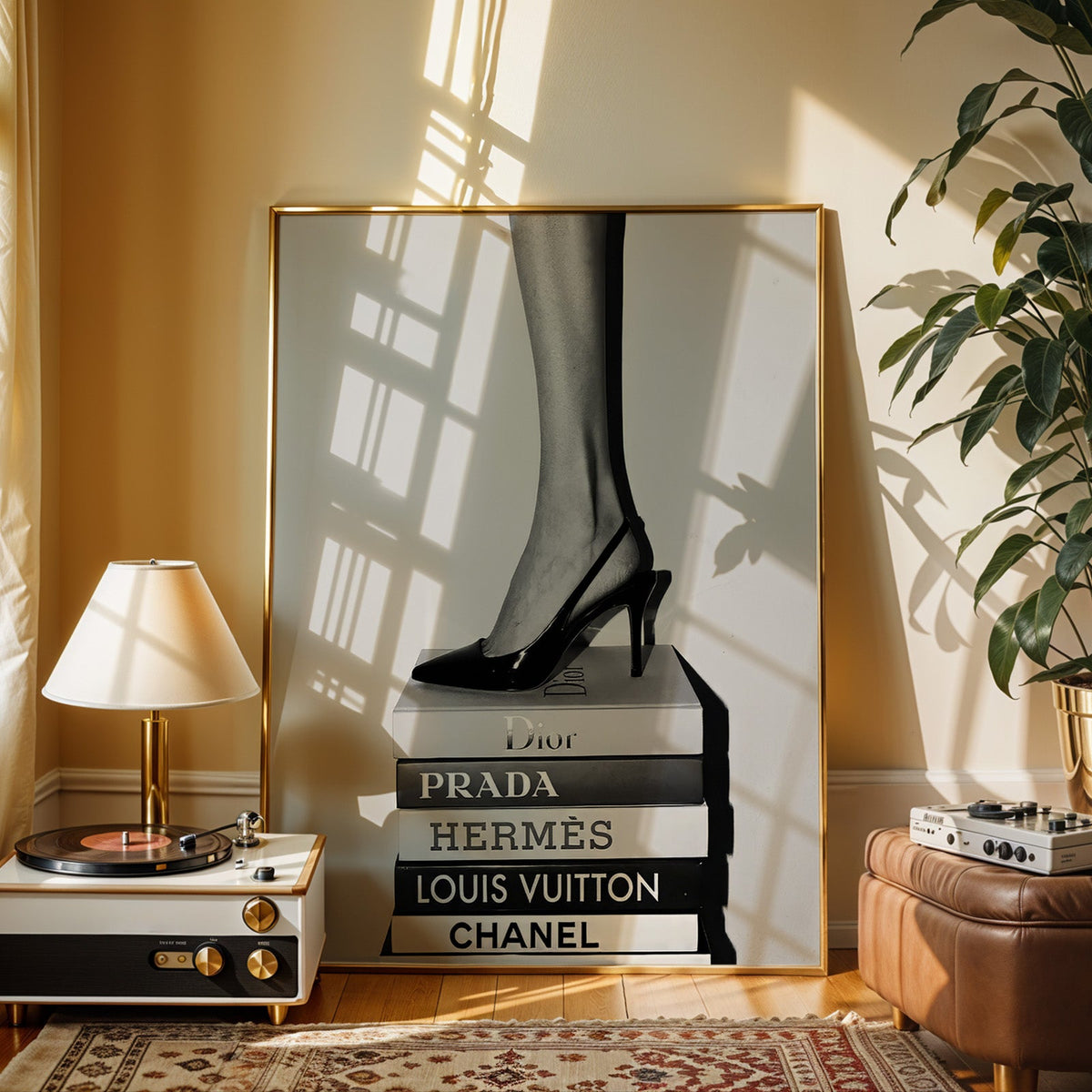 Glossy slingback heel standing on stacked books print shown in a gold frame beside a record player and table lamp