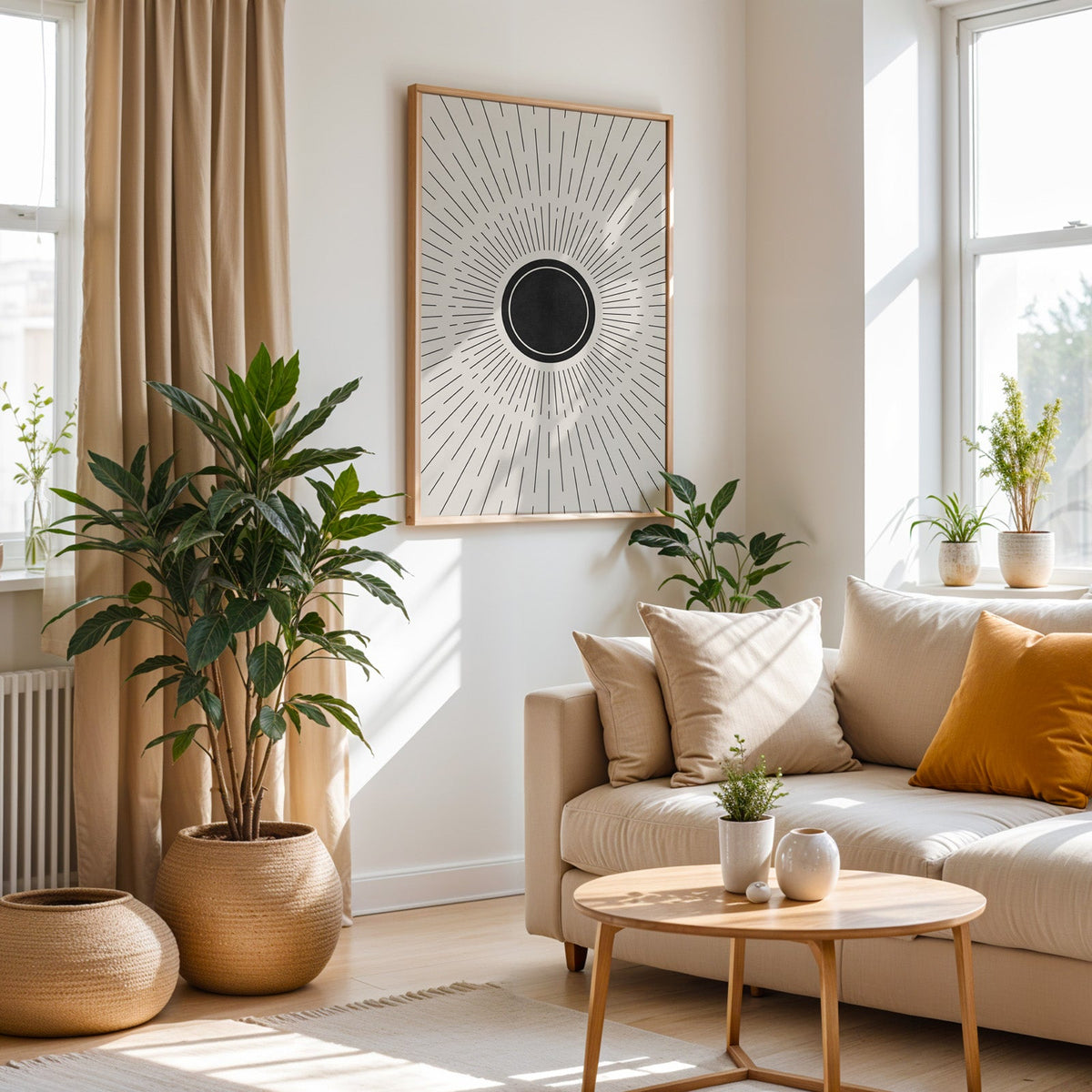 Black sunburst with dashed ray lines print in an oak frame above a cream sofa beside a tall plant in a woven pot