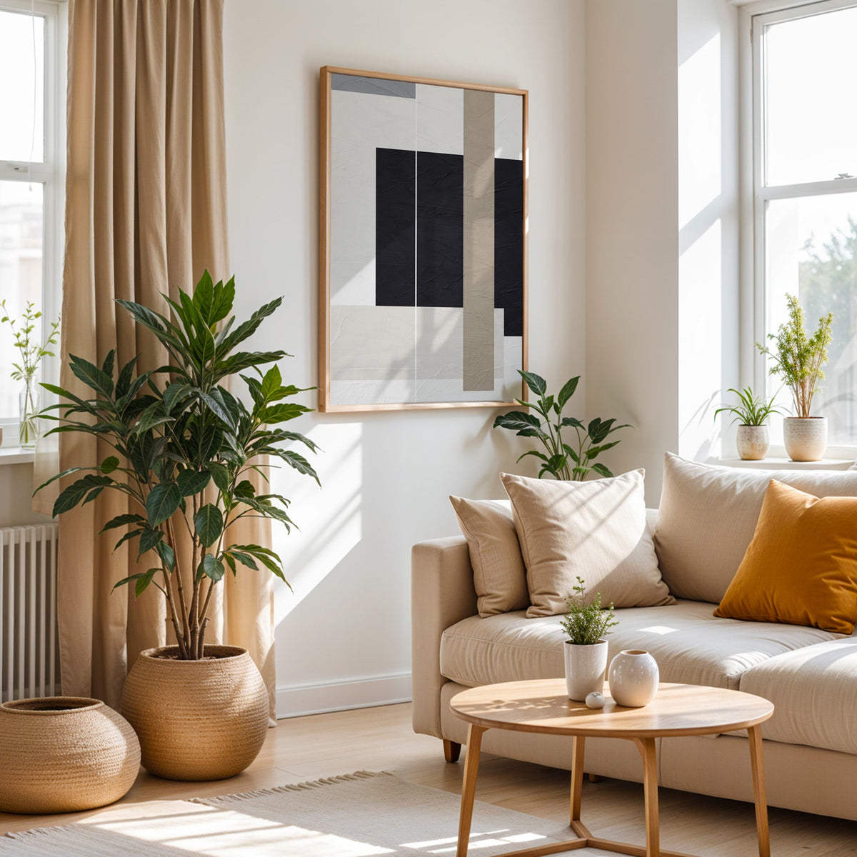 Black and taupe panels with thin lines print in an oak frame above a cream sofa beside a tall plant in a woven pot
