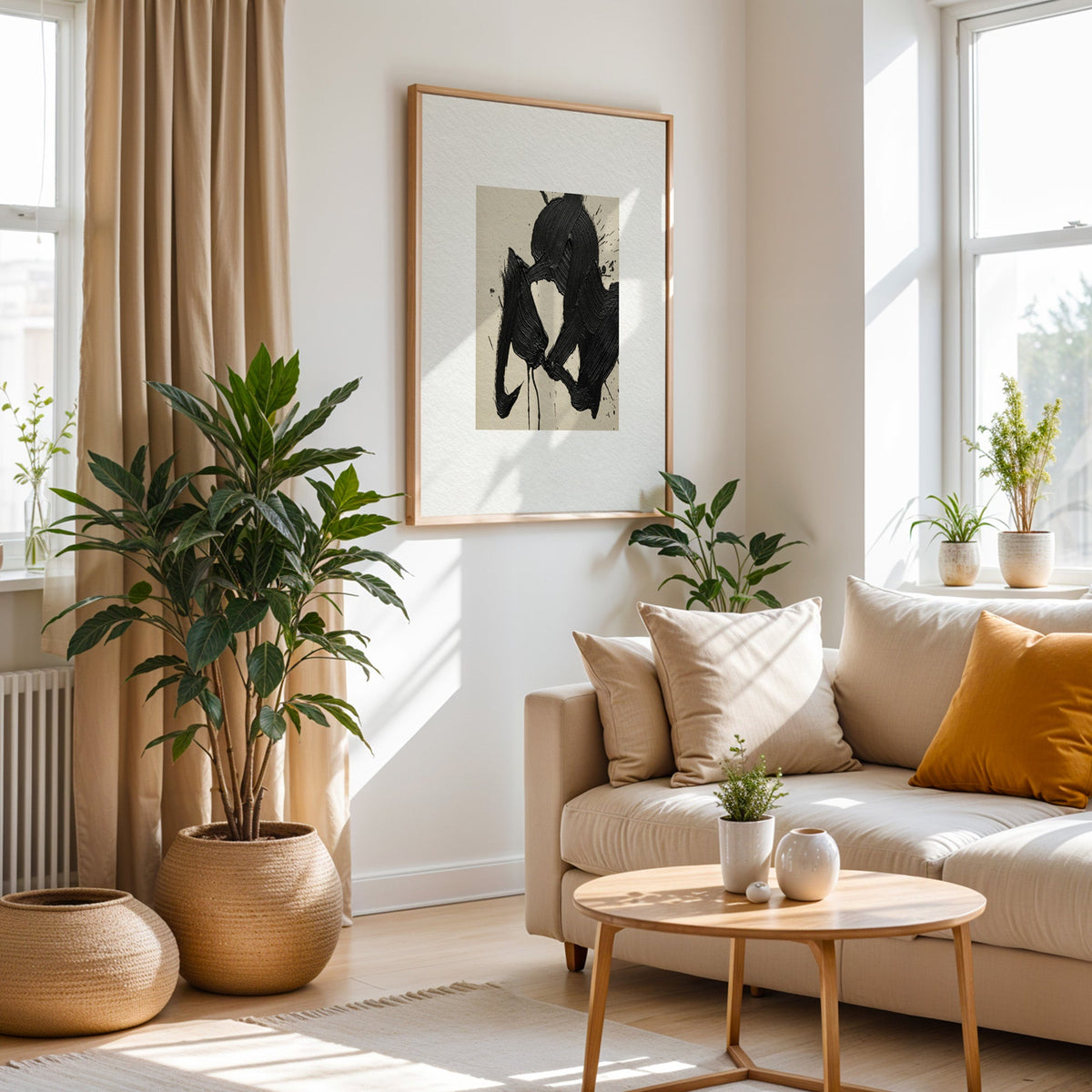 Black calligraphy brushstroke on beige paper print in an oak frame above a cream sofa beside a tall plant in a woven pot