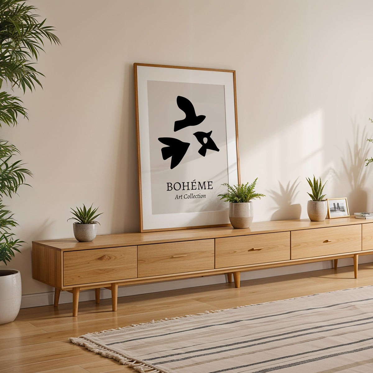 Black three birds cutout abstract print shown with a white mat in an oak frame on a low oak console