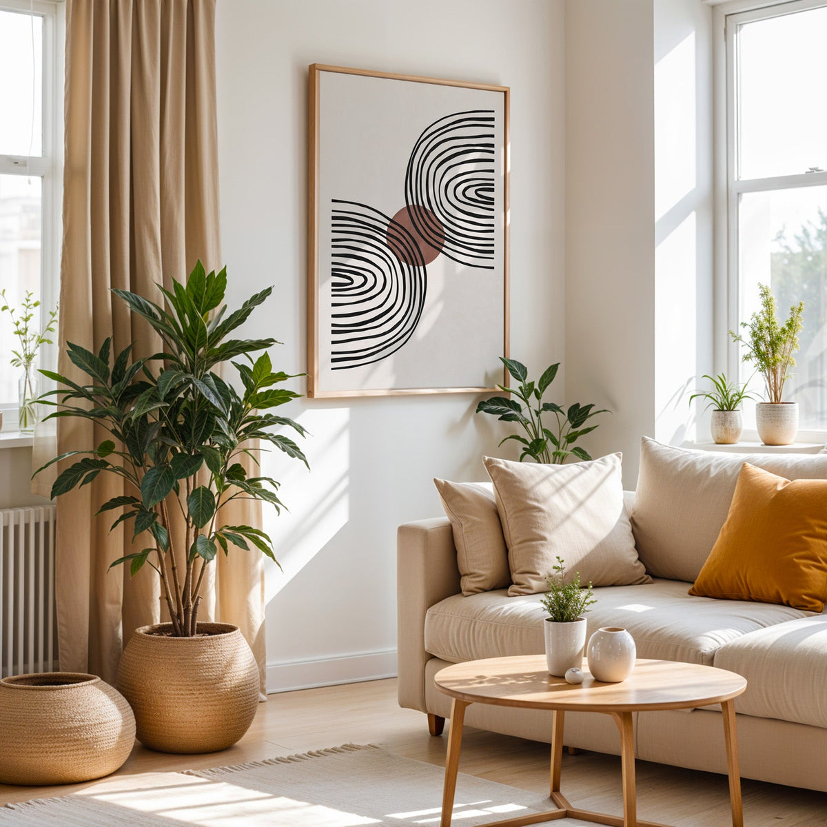 Black wavy arches over rust circle boho print in an oak frame above a cream sofa beside a tall plant in a woven pot
