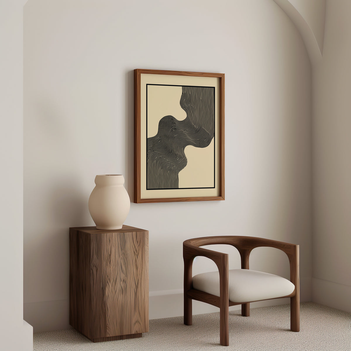 Black wavy line flow minimalist abstract print in a walnut frame above a wood pedestal and a curved walnut armchair