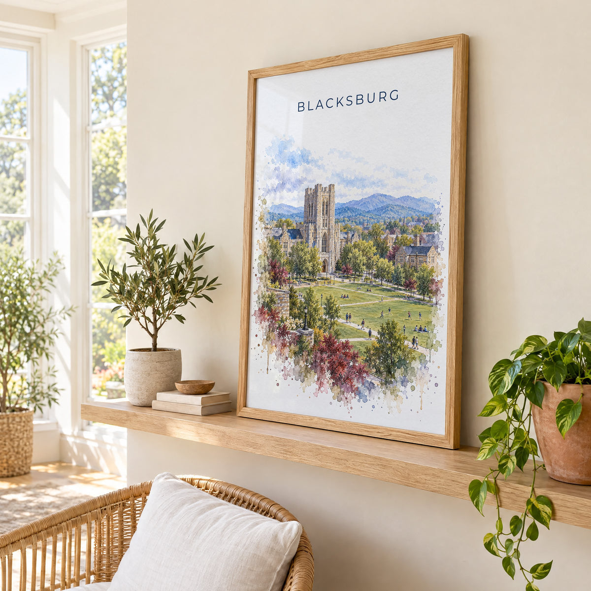 Blacksburg watercolor print in an oak frame on a picture ledge in a sunlit sunroom