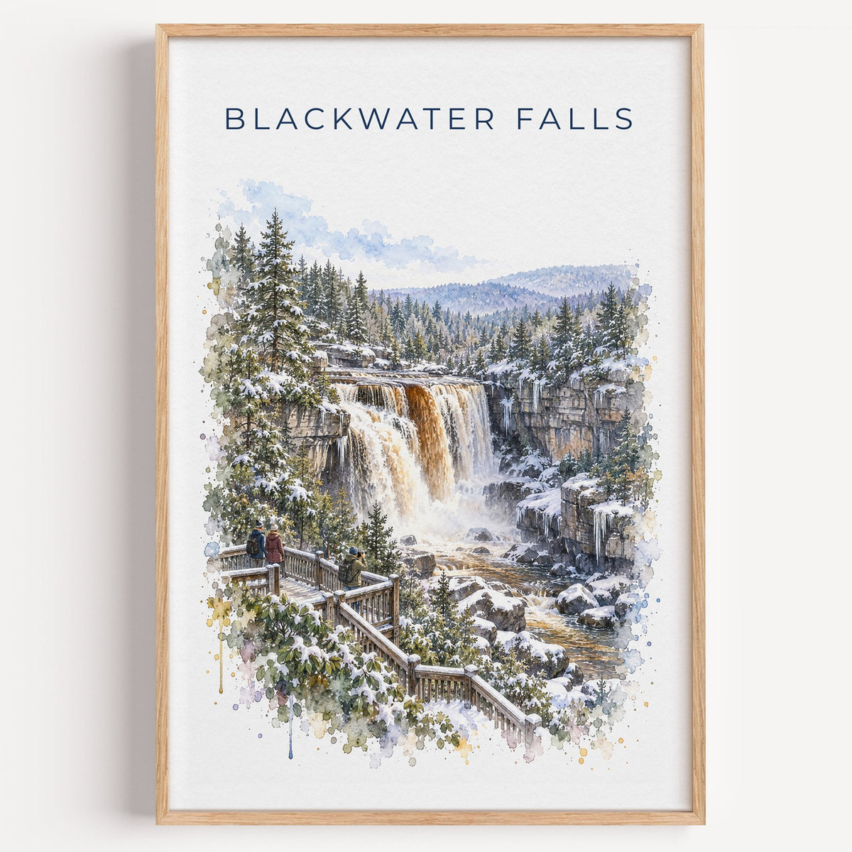 Blackwater Falls State Park watercolor print in a light oak frame on a plain white wall