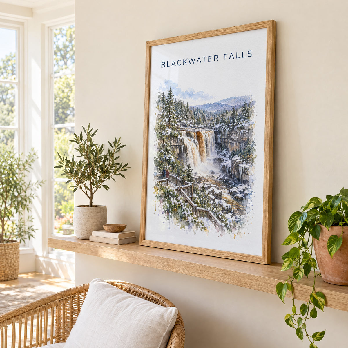 Blackwater Falls State Park watercolor print in an oak frame on a picture ledge in a sunlit sunroom