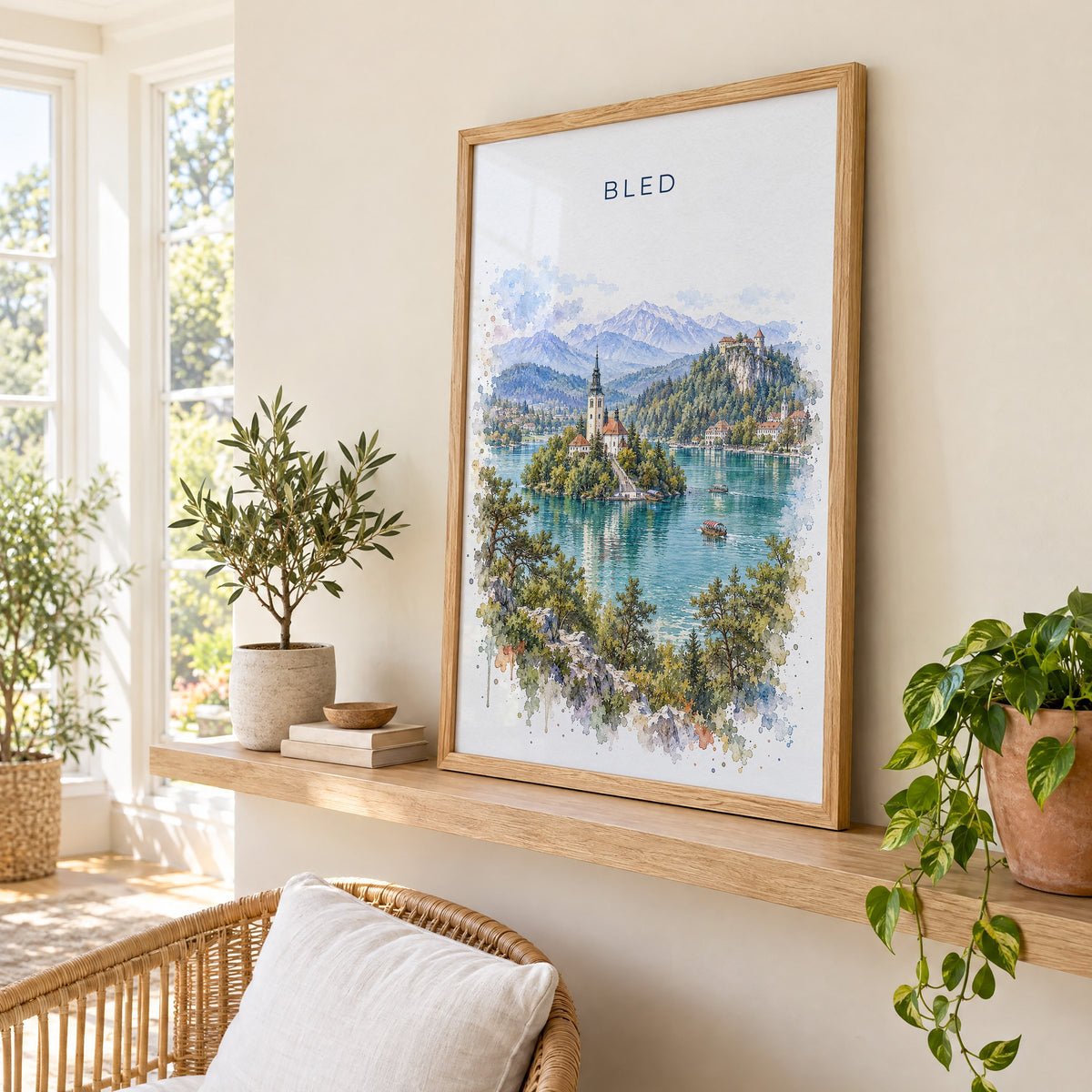 Bled watercolor print in an oak frame on a picture ledge in a sunlit sunroom
