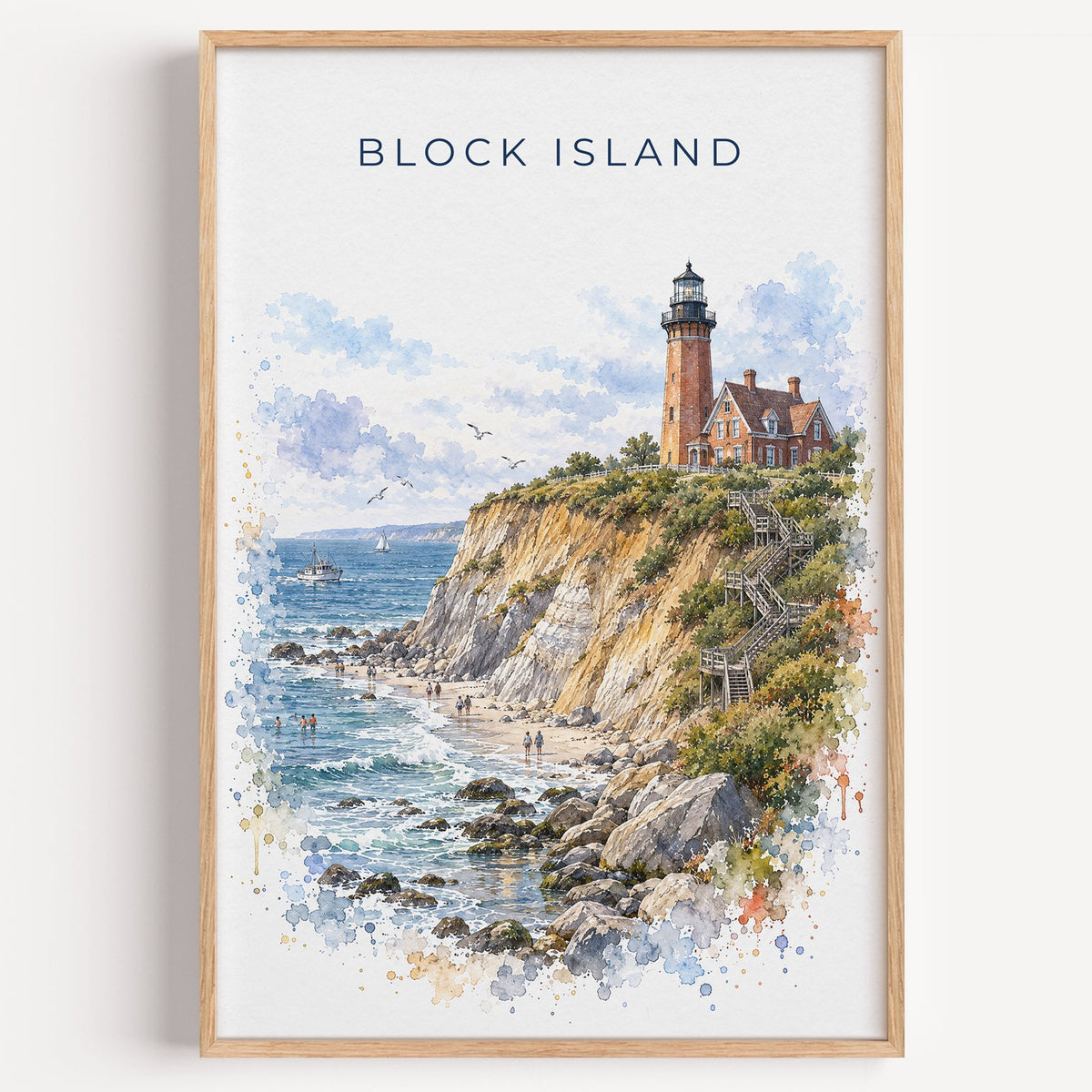 Block Island watercolor print in a light oak frame on a plain white wall