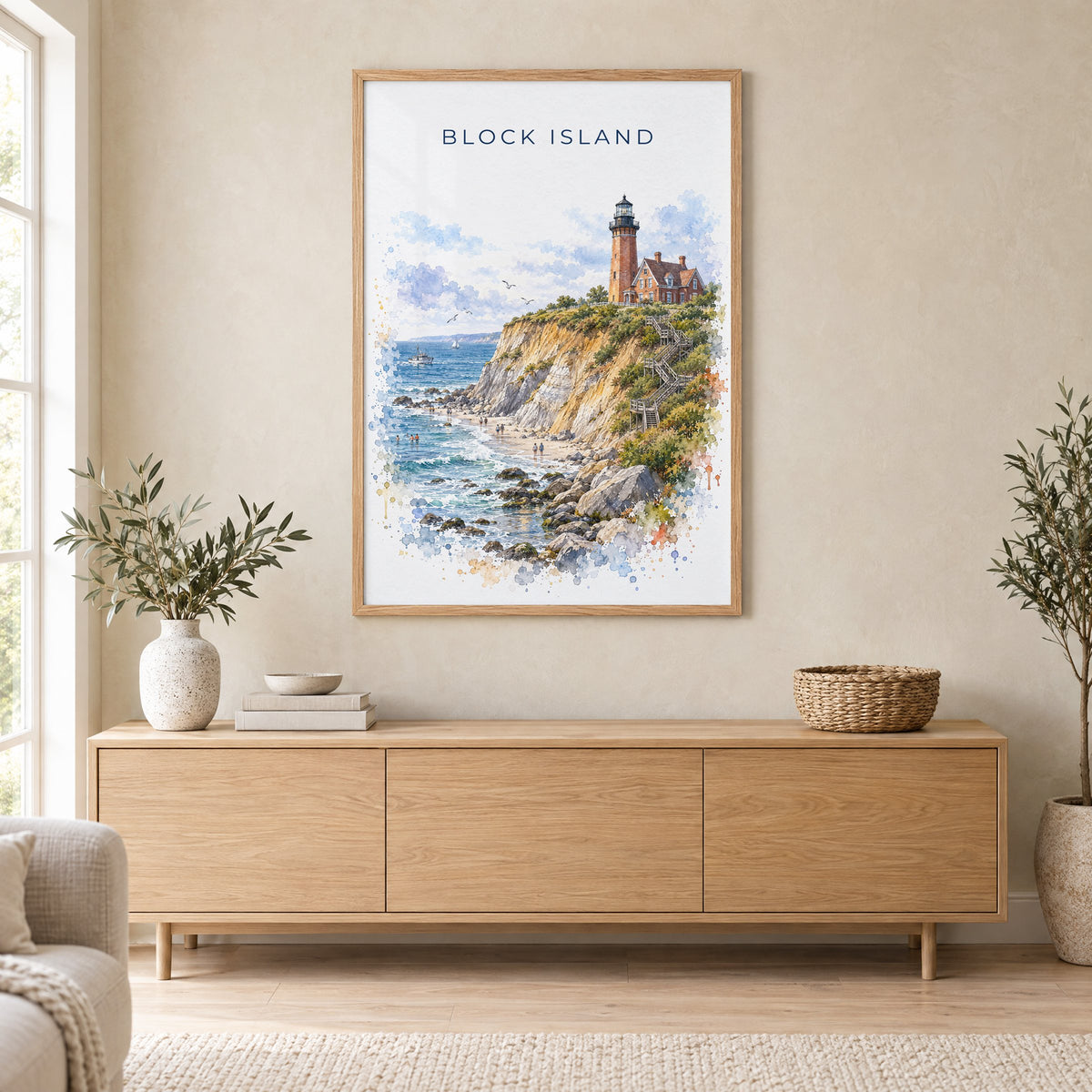 Block Island watercolor print in an oak frame above a light wood sideboard in a Scandinavian living room