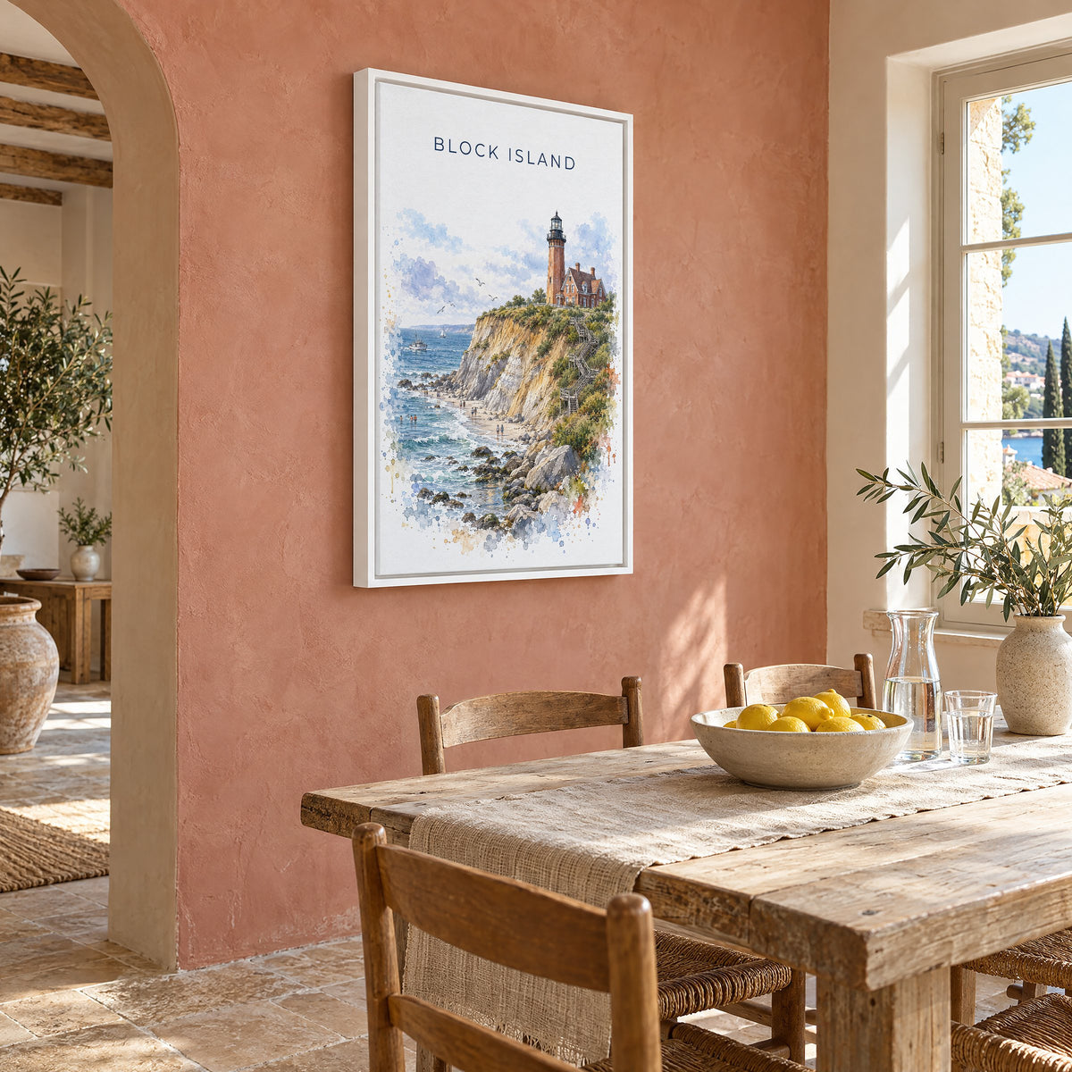 Block Island watercolor print as a white floater canvas on a terracotta wall above a rustic dining table