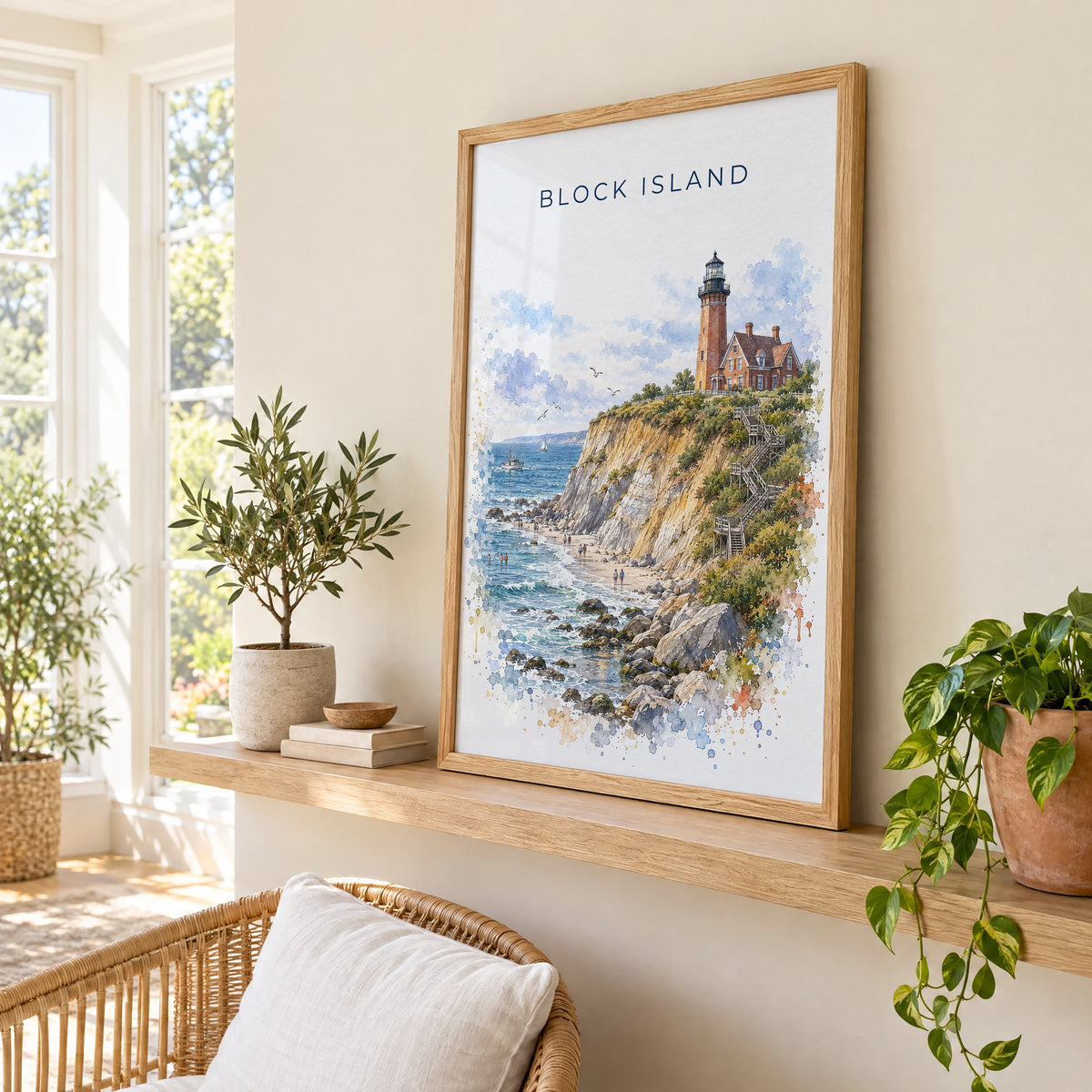 Block Island watercolor print in an oak frame on a picture ledge in a sunlit sunroom